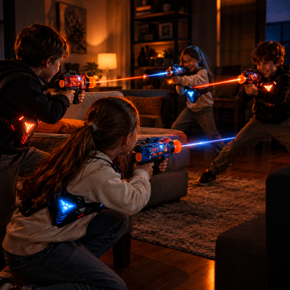 Niños jugando al laser tag en el salón con las pistolas y los receptores de Squadra