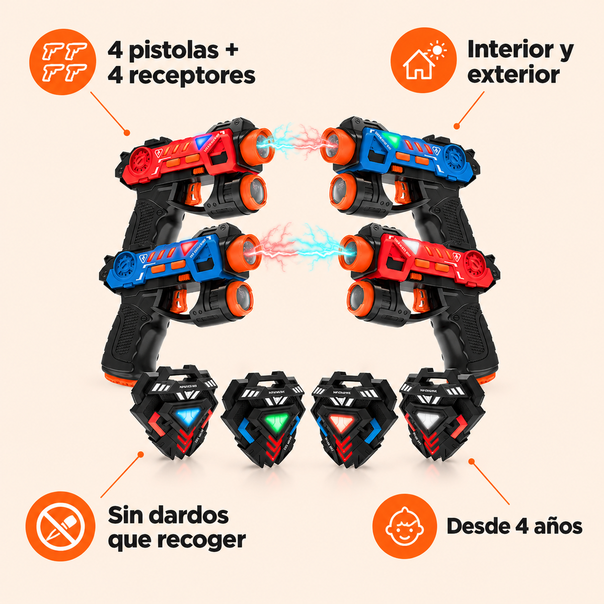 Ventajas del set Squadra Strike 4: 4 pistolas y 4 receptores, interior y exterior, sin dardos, desde 4 años